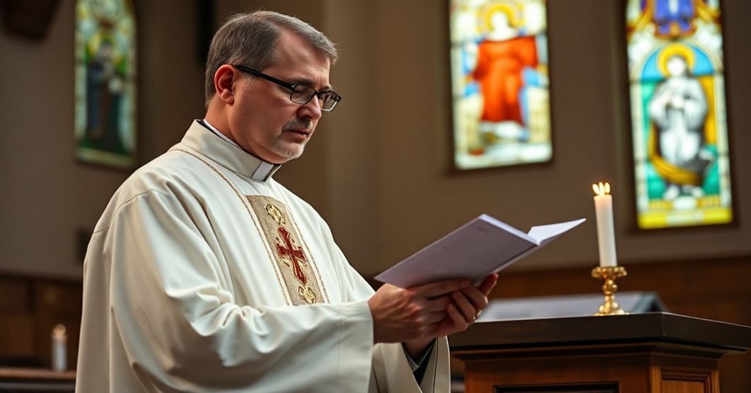 Kleryk w tradycyjnych szatach liturgicznych trzyma hostię przed ołtarzem, wyrażając głęboką troskę o profanację liturgii przez eksperymenty kaszubskie i hostie bezglutenowe.