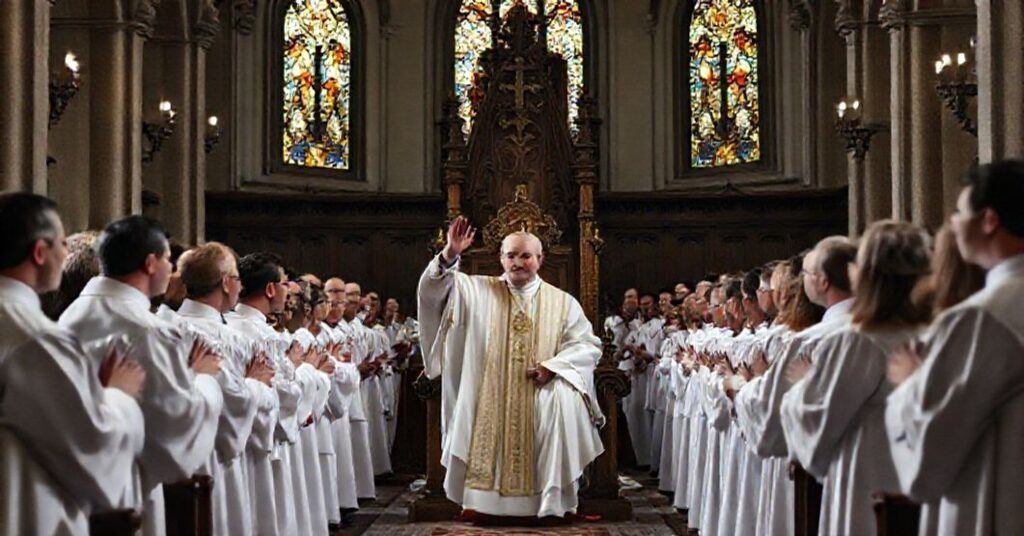 Ceremonia w diecezji łowickiej z 121 świeckimi lektorami i ceremoniarzami w białych albach, presided over by impostor Wojciech Osial.