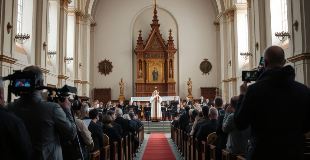 Uroczystość liturgiczna w kościele św. Bartłomieja w Pasłęku z udziałem chóru, orkiestry i 'biskupa' Jacka Jezierskiego, transmitowana przez TVP Polonia