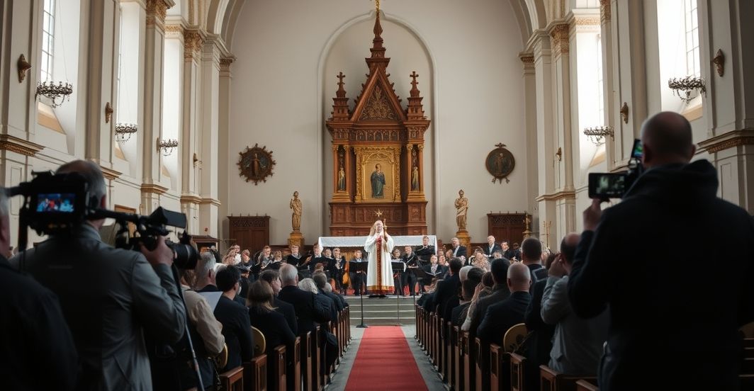 Uroczystość liturgiczna w kościele św. Bartłomieja w Pasłęku z udziałem chóru, orkiestry i 'biskupa' Jacka Jezierskiego, transmitowana przez TVP Polonia