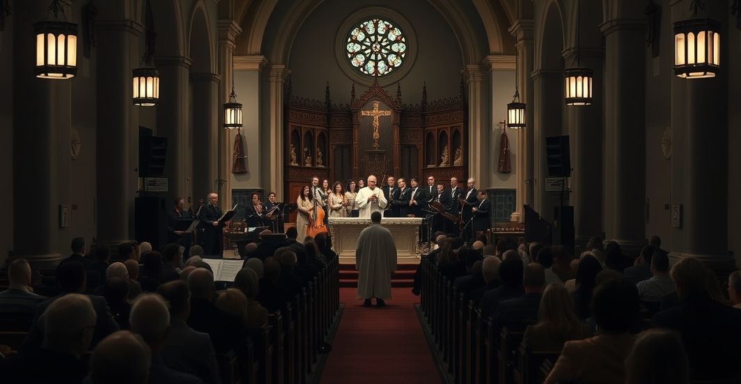 Wnętrze tradycyjnego kościoła katolickiego podczas pseudo-liturgicznego przedstawienia z współczesną muzyką estradową na ołtarzu. Liczni uczestnicy pozostają w kościele, aby słuchać koncertu po mszy. Scena symbolizuje profanację liturgii.