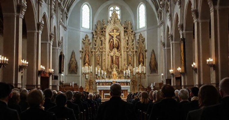 Wnętrze kościoła w Elblągu z profanacją liturgii przez muzyczny spektakl z udziałem ks. Andrzeja Kilanowskiego i ks. Piotra Towarka.