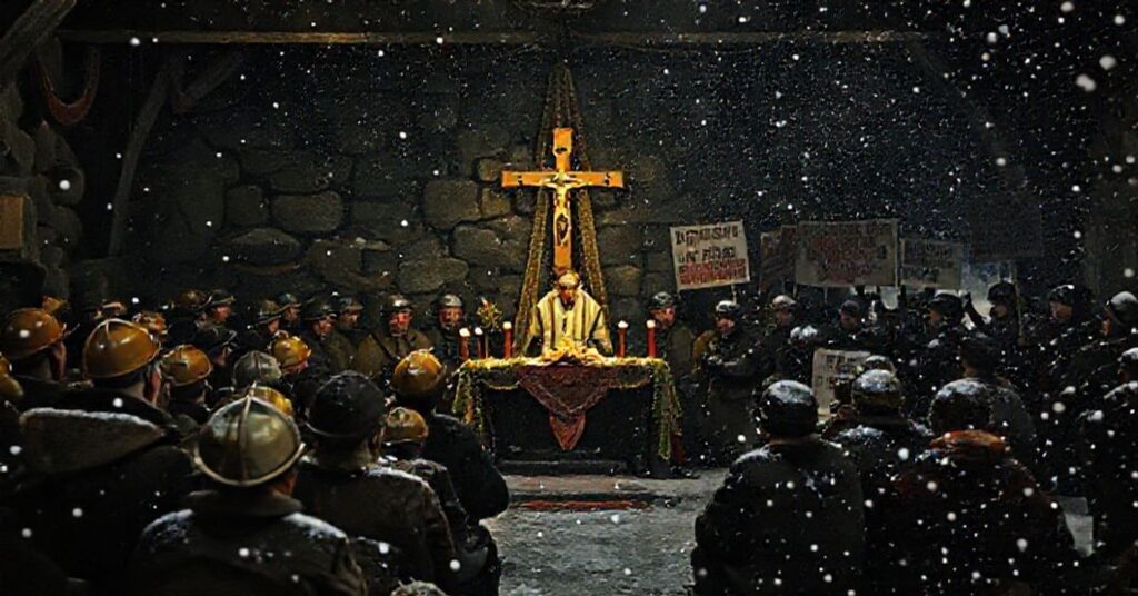 Przebudzenie liturgii w kopalni Silesia w wigilię 2025 roku z udziałem górników i przywódcy Solidarności.