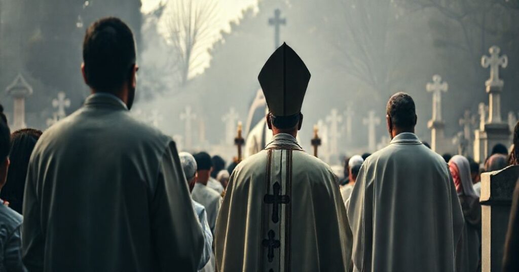 Poważny, tradycyjnie katolicki obraz profanowanej liturgii w dniu Wszystkich Świętych na cmentarzu Campo Verano w Rzymie, prowadzonej przez antypapieź w papalnych paramentach.