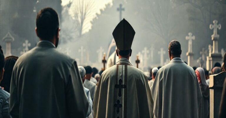 Poważny, tradycyjnie katolicki obraz profanowanej liturgii w dniu Wszystkich Świętych na cmentarzu Campo Verano w Rzymie, prowadzonej przez antypapieź w papalnych paramentach.