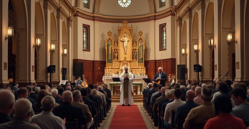 Tradycyjny wnętrze kościoła z uroczystą Mszą, koncentrujące się na ołtarzu z księdzem w liturgicznych szatach, otoczonego wiernymi w modlitwie. Na tle współczesny zespół muzyczny subtelnie zakłóca świętą atmosferę, symbolizując profanację liturgii.