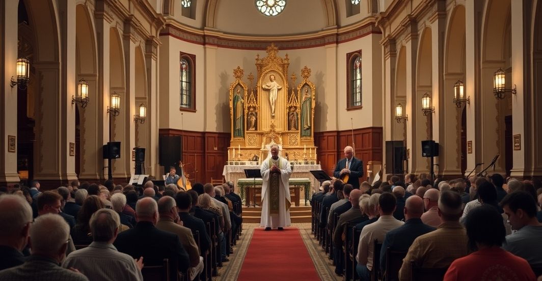 Tradycyjny wnętrze kościoła z uroczystą Mszą, koncentrujące się na ołtarzu z księdzem w liturgicznych szatach, otoczonego wiernymi w modlitwie. Na tle współczesny zespół muzyczny subtelnie zakłóca świętą atmosferę, symbolizując profanację liturgii.