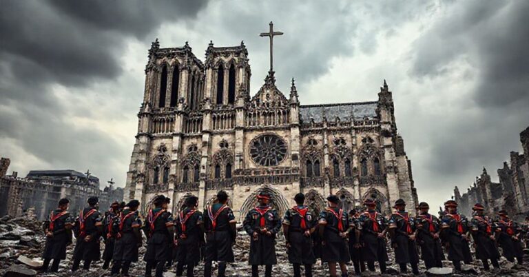 Obraz przedstawiający profanację męczeństwa w zbezczeszczonej katedrze Notre Dame z grupy harcerzy w tradycyjnych mundurach.