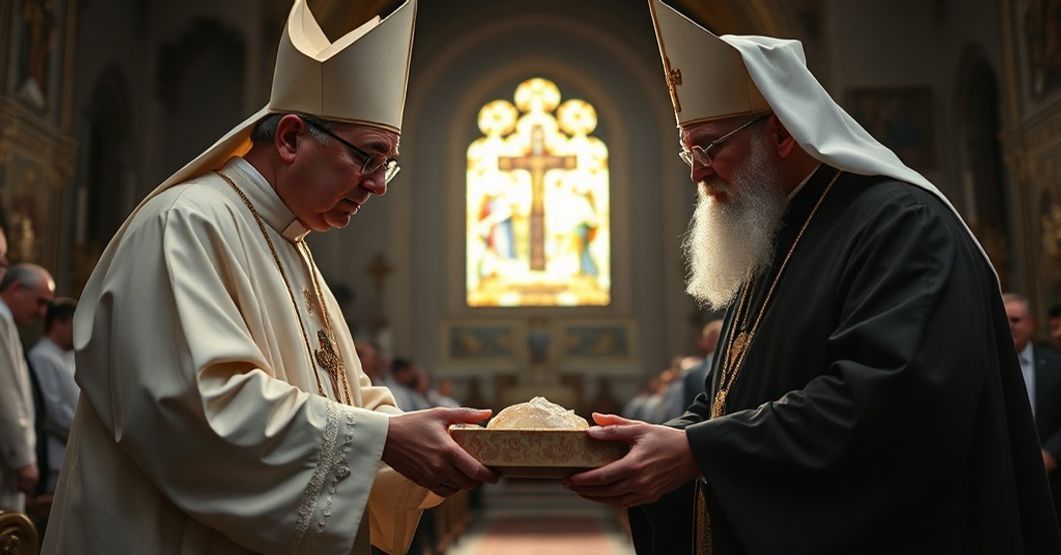 Zdjęcie przedstawiające przepojone składnicę relikwii męczenników pratulińskich między katolickim biskupem w tradycyjnych szatach i greckokatolickim arcybiskupem w liturgicznych strojach, na tle Sanktuarium Męczenników Podlaskich w Pratulinie.