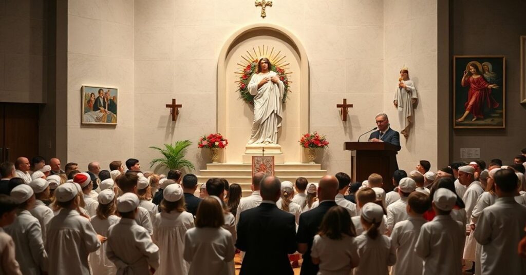 Grupa dzieci modli się w tradycyjnym stroju katolickim przed posągiem Najświętszego Serca Pana Jezusa, z tłem pseudosanktuarium Jana Pawła II. Biskup Robert Chrząszcz wygłasza kazanie o misji bez nawracania.