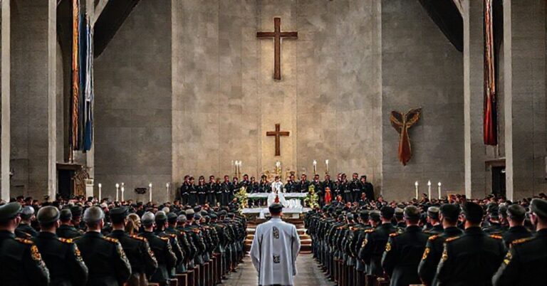 Obraz ukazuje profanację mszy w katedrze polowej z udziałem wojskowych w mundurach i świeckiego chóru, co symbolizuje modernistyczną apostazję w Kościele.