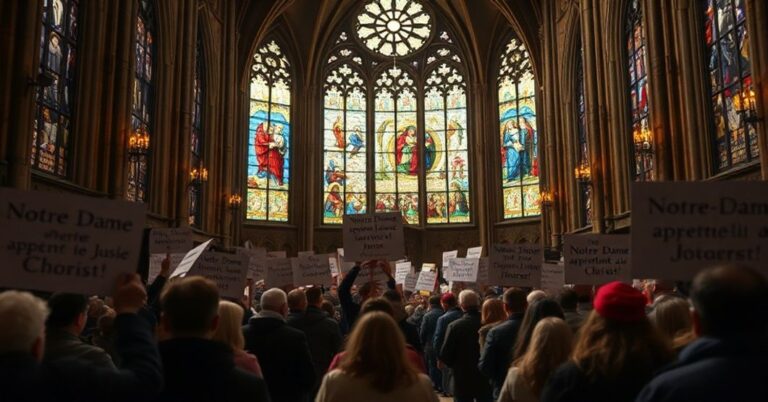 Wnętrze katedry Notre-Dame w Paryżu z protestującymi katolikami przeciwko wymianie starych witraży na współczesne dzieła Claire Tabouret.