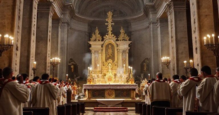 Solemny obraz bazyliki Św. Piotra po profanacji ołtarza z tradycyjnymi katolickimi duchownymi wykonując rytuał pokuty