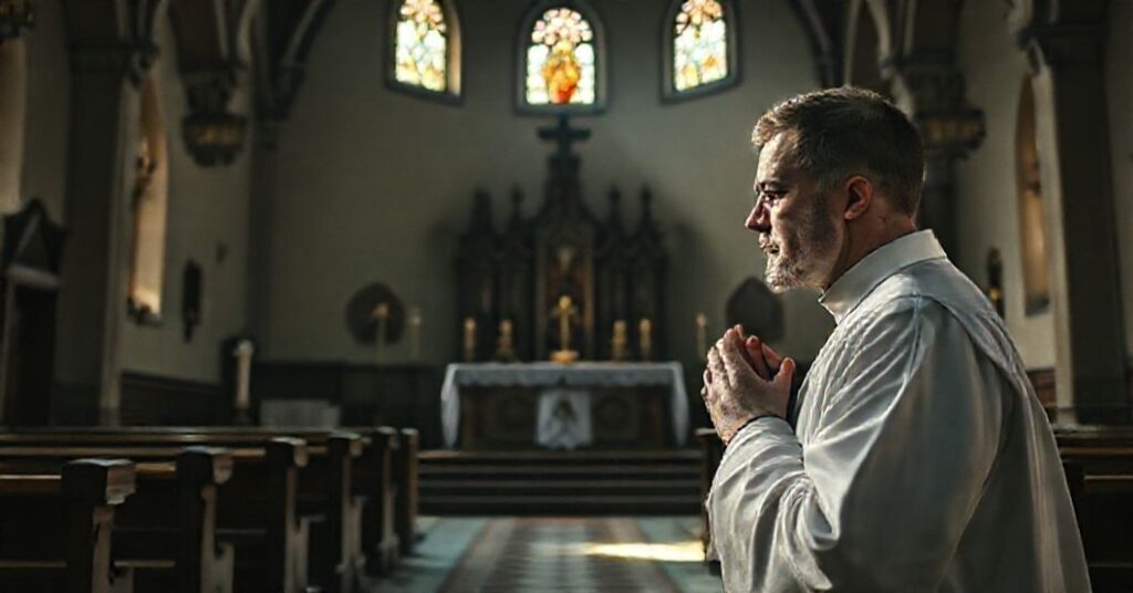 Tradycyjny kościół w Secyminie z profanowanym ołtarzem i modlącym się sedevacantistą