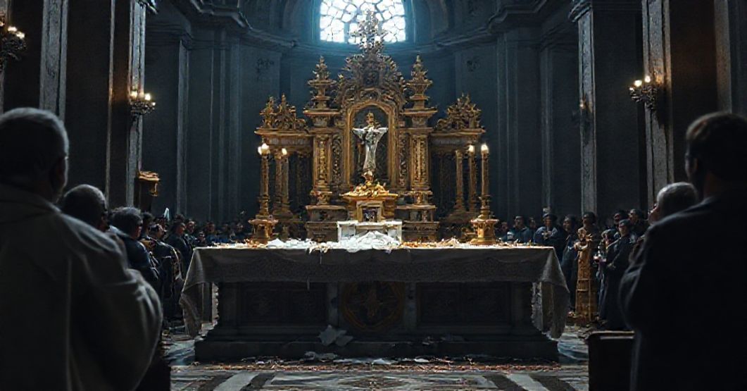 Realistyczny obraz profanacji ołtarza głównego w Bazylice św. Piotra: mężczyzna oddaje mocz na ołtarz podczas Mszy Świętej.