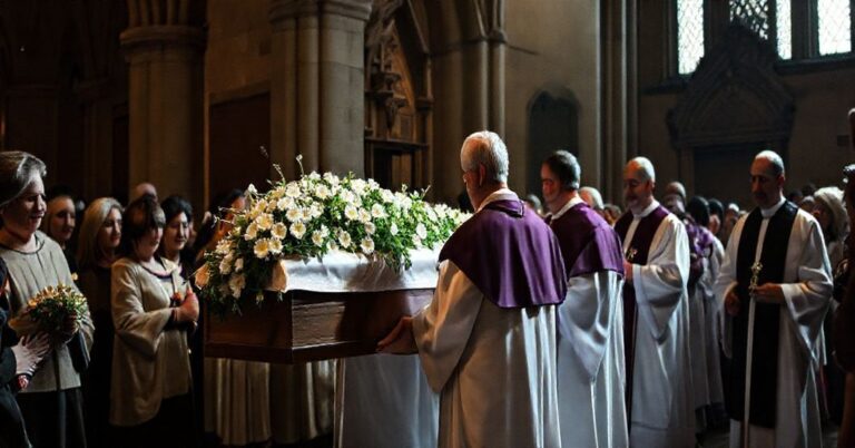 Profanacja pogrzebowa w parafii Chrystusa Króla w Bielsku-Białej: duchowni w tradycyjnych szatach liturgicznych niosą trumnę z prochami 164 nienarodzonych dzieci