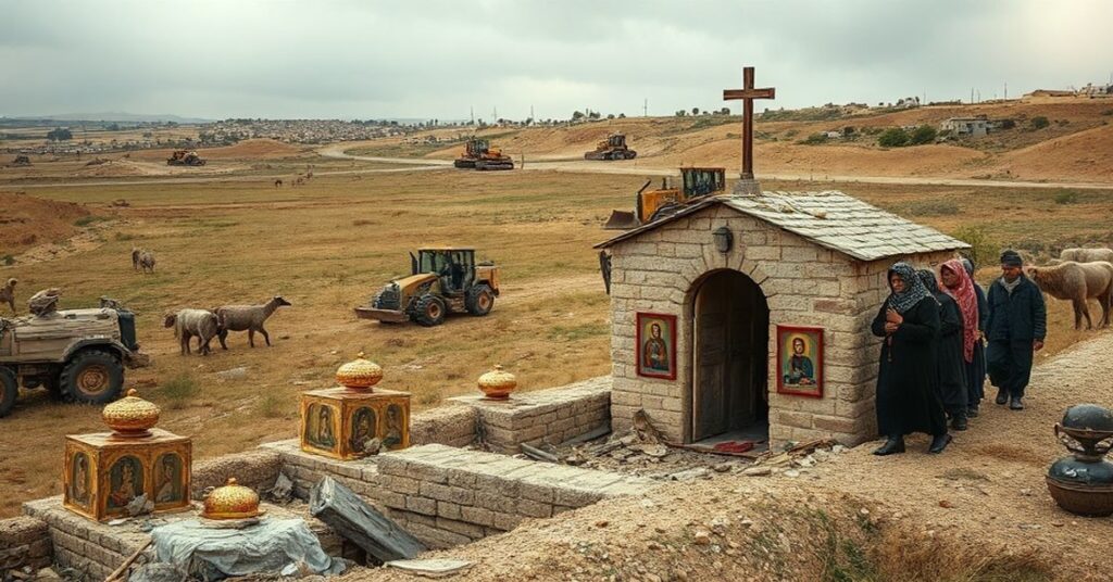 Zdjęcie przedstawiające niszczenie Pola Pasterskiego w Betlejem przez izraelskich osadników, z wygnanymi rodzinami chrześcijańskimi i splądrowaną kaplicą.