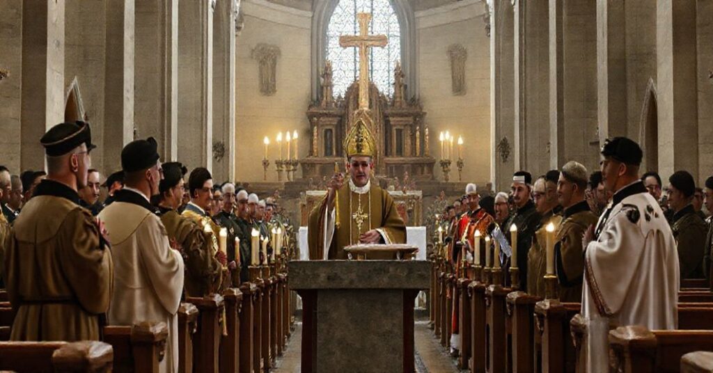 Wewnątrz polowej katedry wojskowej podczas profanowanej uroczystości religijnej z udziałem heretyckich przedstawicieli.