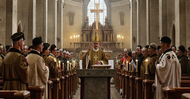 Wewnątrz polowej katedry wojskowej podczas profanowanej uroczystości religijnej z udziałem heretyckich przedstawicieli.