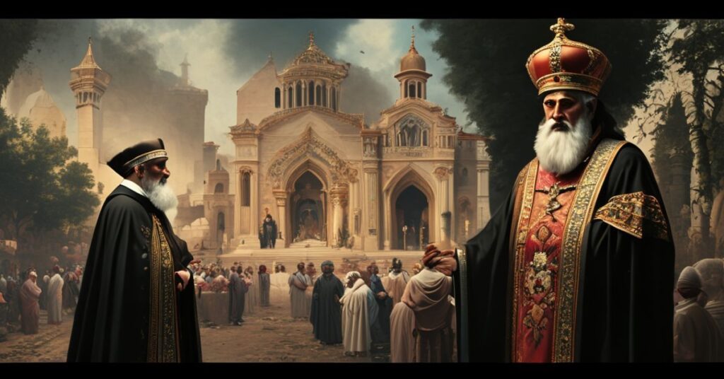 Solemne zdjęcie przedstawiające profanację Pólwiespa Arabskiego przez neokoncyliarego anty-papieża Leona XIV z kardynałem Pietrem Parolinem przed rzekomą bazyliką Matki Bożej Arabii w Kuwejcie.