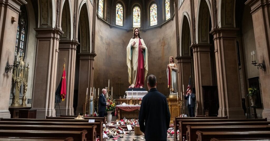 Obraz przedstawiający profanację posągów Jezusa Chrystusa i Najświętszej Maryi Panny przez belgijskich prezenterów radiowych w tradycyjnym katolickim wnętrzu kościoła.