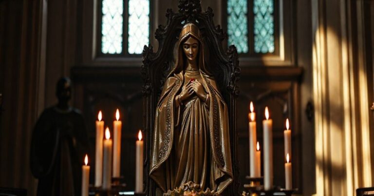 Tradycyjny kościół katolicki z figurą Matki Bożej, otoczoną świecami, z cieniem symbolizującym profanację sztuki sakralnej.