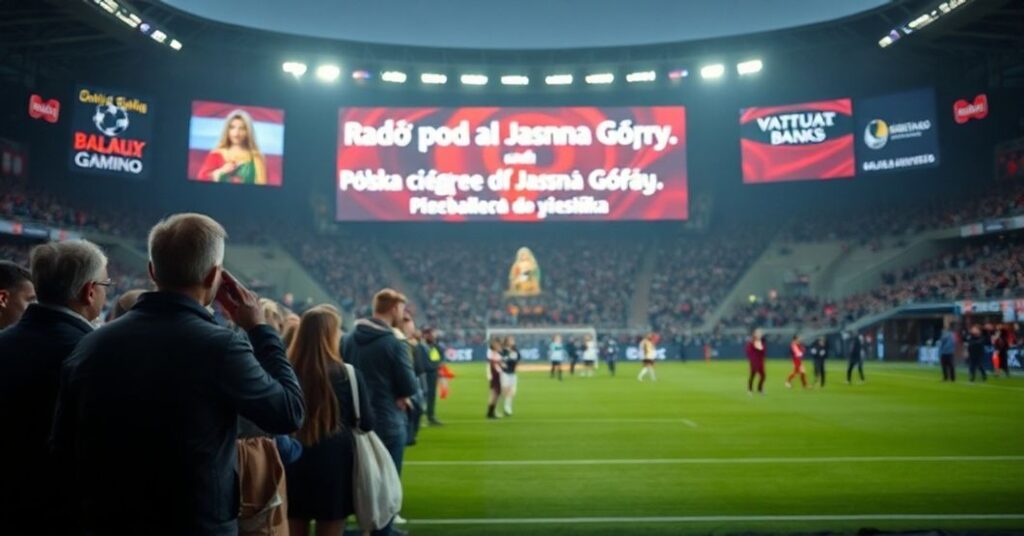 Zdjęcie przedstawiający profanację kultu maryjnego w kontekście sportowym, z fiktymalnym hasłem reklamującym mecz piłkarski w opokach modernistycznej apostazji.