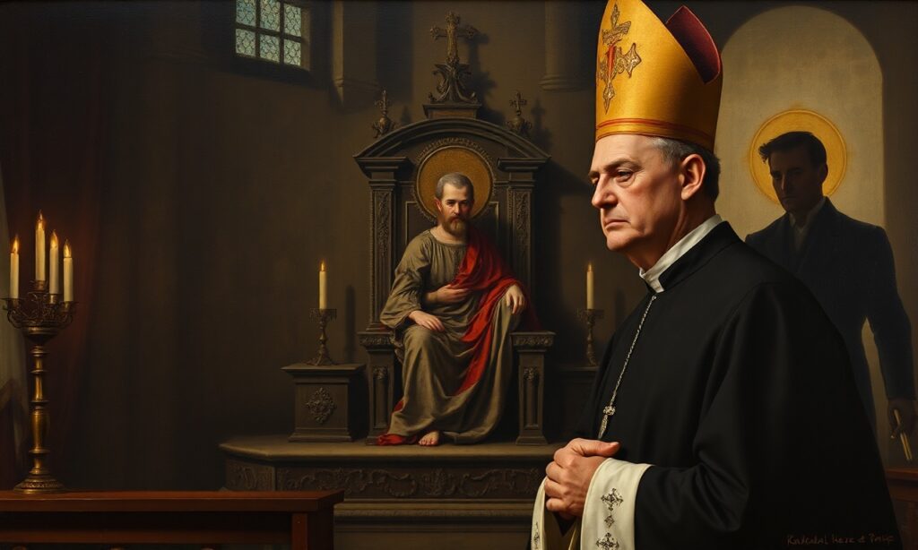Tradycyjne sanktuarium Kalwarii Zebrzydowskiej przy ciemnym zmierzchu z poważnym kapłanem w tradycyjnych szatach liturgicznych stojącym wobec zniekształconego postmodernistycznego przedstawienia św. Sebastiana Łukasza Stokłosy. W tle stoją wyblakłe barokowe dzieła sztuki religijnej zmieszane z nawiązaniami do współczesnej popkultury.