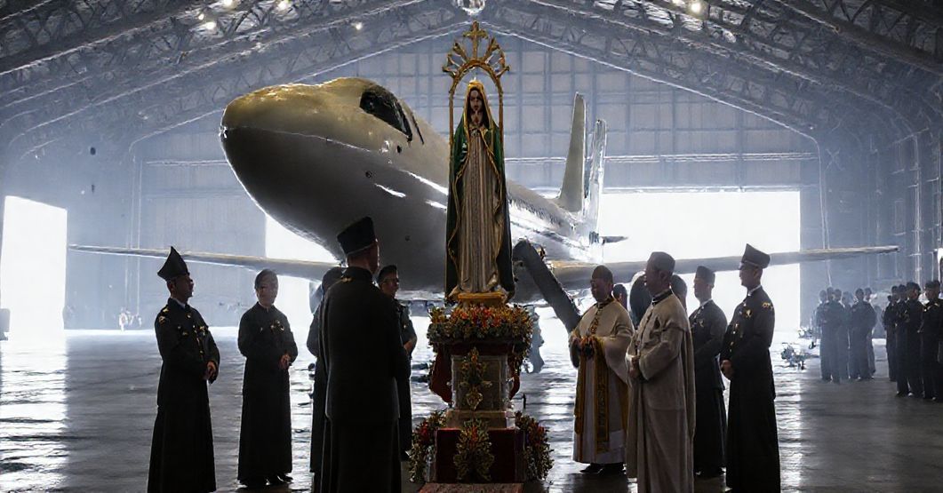 Kapliczka Matki Bożej Loretańskiej w wojskowym hangarze podczas kontrowersyjnej uroczystości z udziałem rzekomego biskupa polowego.