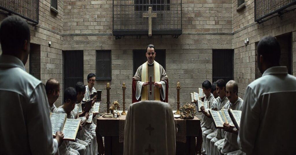 Tradycyjna katolicka scena przedstawiająca 'Mszę' w więzieniu, z osadzonymi trzymającymi ręcznie napisane Bibliami. Prezenter, ubrany w współczesne szaty kapłańskie, stoi przy ołtarzu ozdobionym symbolami świeckimi. Atmosfera sugeruje nabożeństwo z profanacją sakralnych elementów.