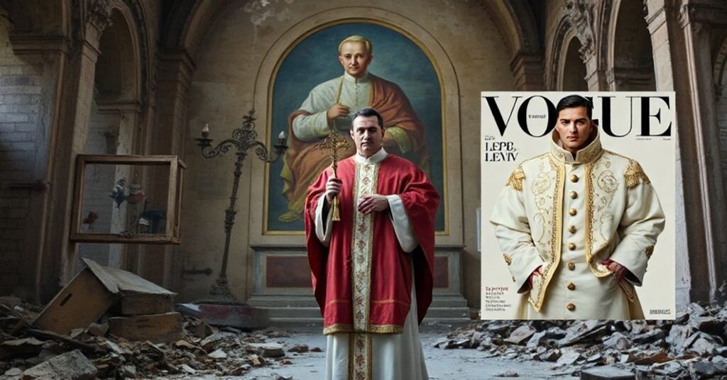Sobór katolicki z zniszczonym freskiem Piusa XII na tle czasopisma Vogue prezentującego Antypapieża Leona XIV w liturgicznych szatach.