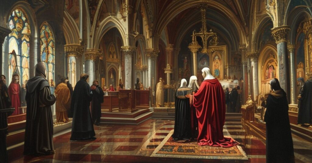 Medieval Catholic sacral artwork displayed in a modern museum setting, highlighting its desecration for secular purposes.