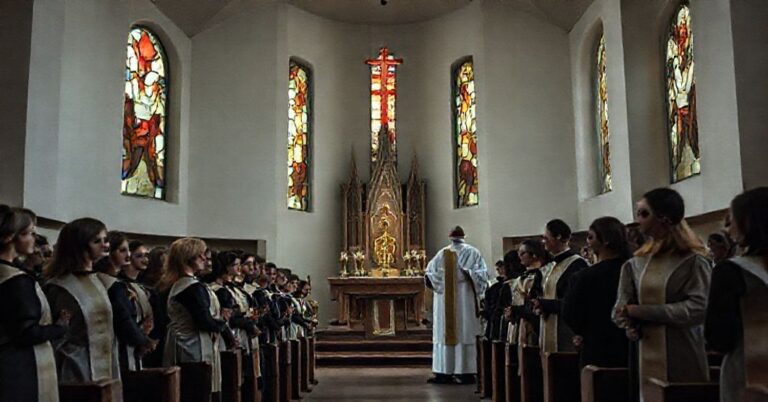 Zdjęcie przedstawiające modernistyczną profanację sakramentów w kościele w Głogowie podczas rzekomych rekolekcji dla laików.