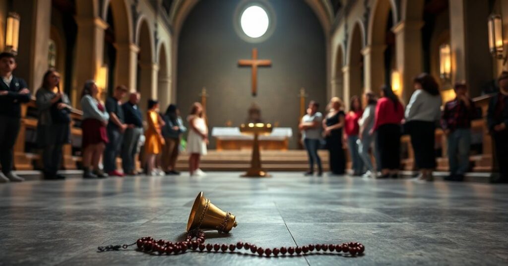 Pusty ołtarz w nowoczesnej sali z niepewnymi młodymi ludźmi na tle