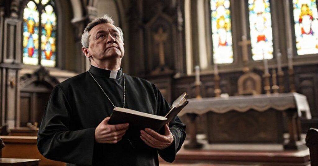 Prawdziwy książ w tradycyjnym ornacie stoi w ciemnym wnętrzu starej katedry w Opolu. Trzyma zamkniętły brewiarz, jego twarz jest poważhniała i zaniepokojona. W tłu profanowane rytuały neo-modernistyczne symbolizują teologiczna pustką.