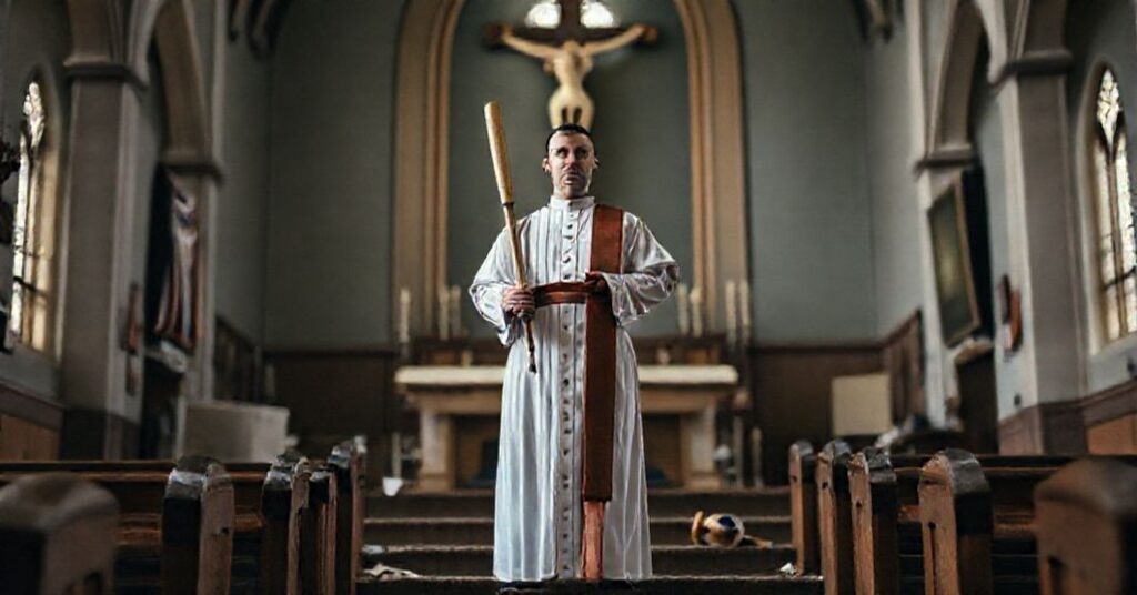 Portret modernistycznego „księdza” w stroju baseballowym na ołtarzu świeckiej kościelnej profanacji