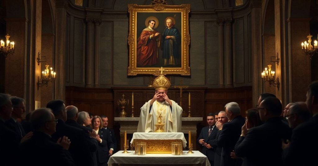 Wnętrze bazyliki z tradycyjnym ołtarzem podczas aktów profanacji Najświętszego Sakramentu, symbolizujące apostazję Kościoła okupowanego przez modernistów.