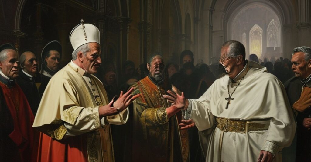 Scena w Castel Gandolfo: fałszywy papież i Arnold Schwarzenegger w trakcie profanacji sakramentu spowiedzi na konferencji ekologicznej.