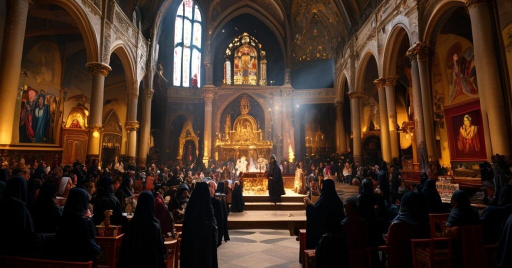 Sobór franciszkanów w Kalwarii Pacławskiej podczas festiwalu kolęd i pastorałek, z pseudo-tradycyjną mszą i koncertem na scenie