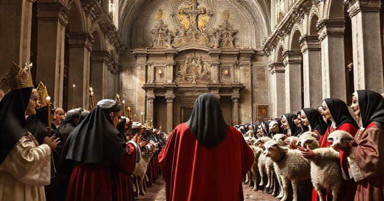 Tradycyjna katolicka reprezentacja profanacji Świętego Cecylii w Rzymie