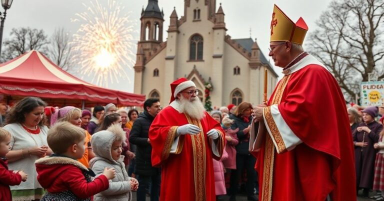 Solemne zdjęcie przedstawiające profanację św. Mikołaja w lubelskim "Orszaku" - sekularyzacja świętego biskupa przez komercyjne widowisko.
