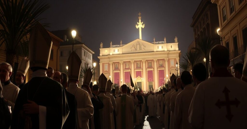 Solemna katolicka procesja w Rzymie w dniu Wszystkich Świętych z widocznym kościołem w tle i oświetloną areną sportową symbolizującą profanację święta.