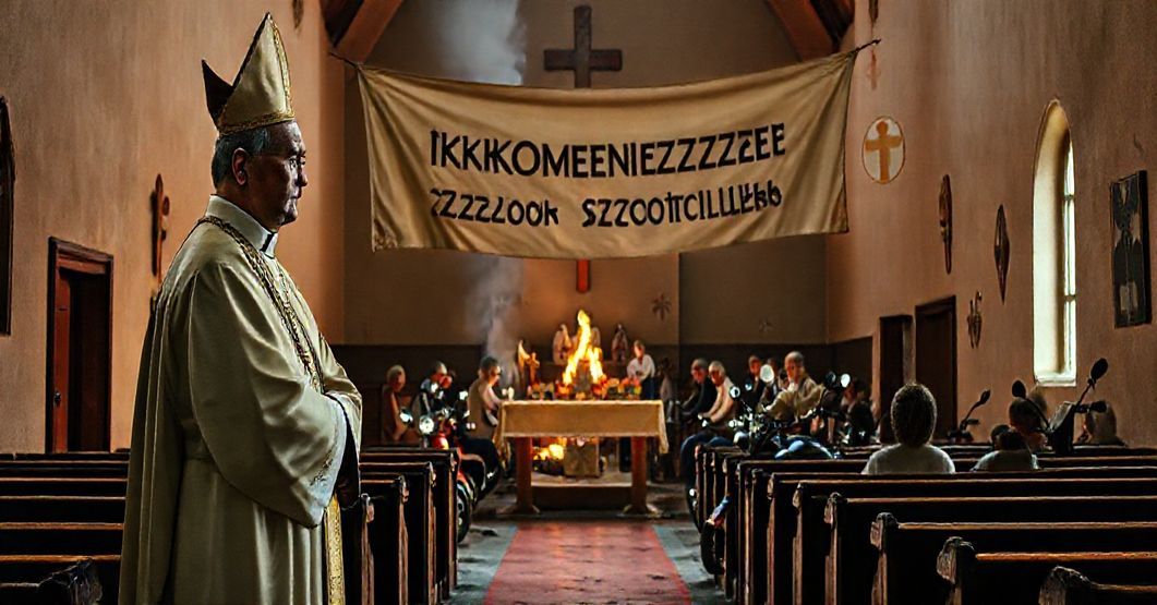 Porzucony kościół z profanowanym ołtarzem i motocyklami w tle; katolicki ksiądz w stroju liturgicznym wyraża smutek nad ekumenicznym synkretyzmem w Szczyrku