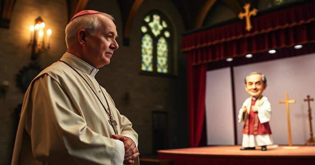 Poważny katolicki kapłan w tradycyjnych szatach stoi w słabo oświetlonym kościele, spoglądając z żalem na karykaturalną przedstawienie księdza na scenie.