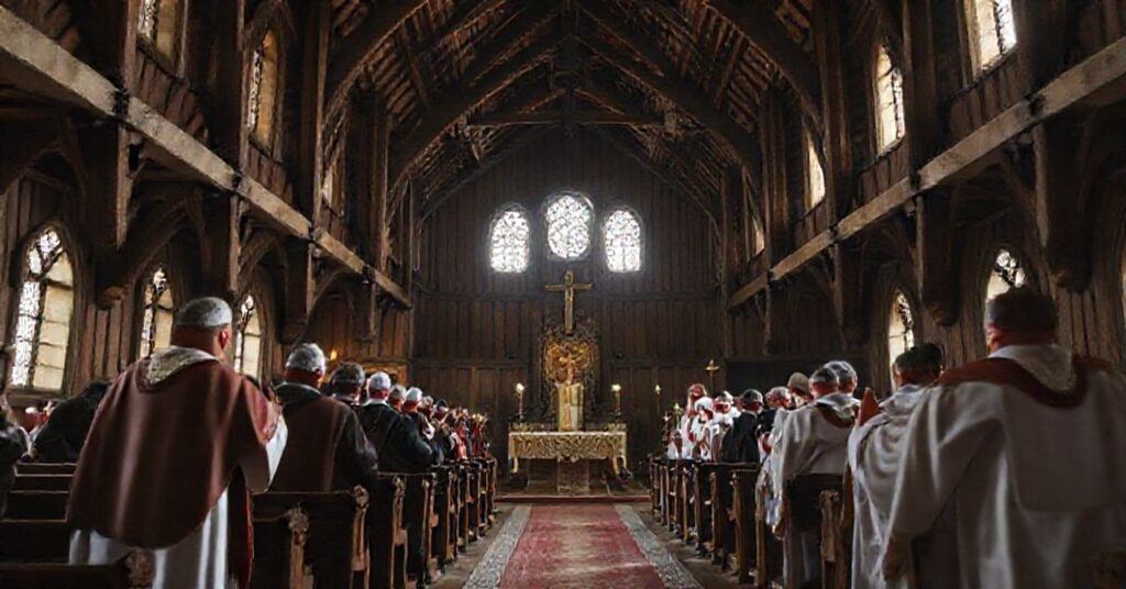 Zdjęcie przedstawiająca profanację XIV-wiecznej drewnianej świątyni św. Andrzeja Apostoła w Golinie przez „biskupa” Damiana Bryla podczas modernistycznej ceremonii „poświęcenia”