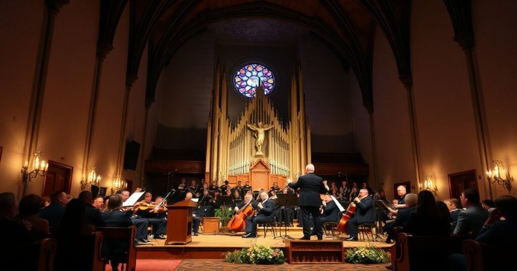 Wnętrze kościoła Matki Bożej Bolesnej w Radomiu podczas koncertu wojskowego, krytyka profanacji świątyni.