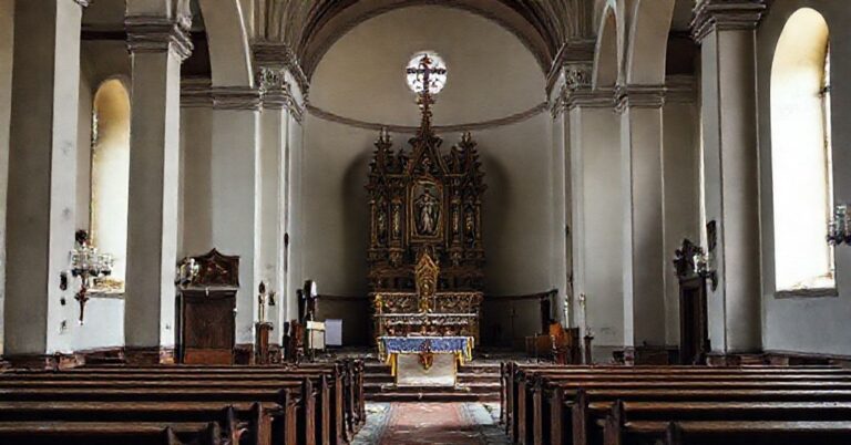 Wnętrze kościoła w Secyminie po profanacji - ołtarz i tabernakulum z widocznymi śladami świeckich elementów