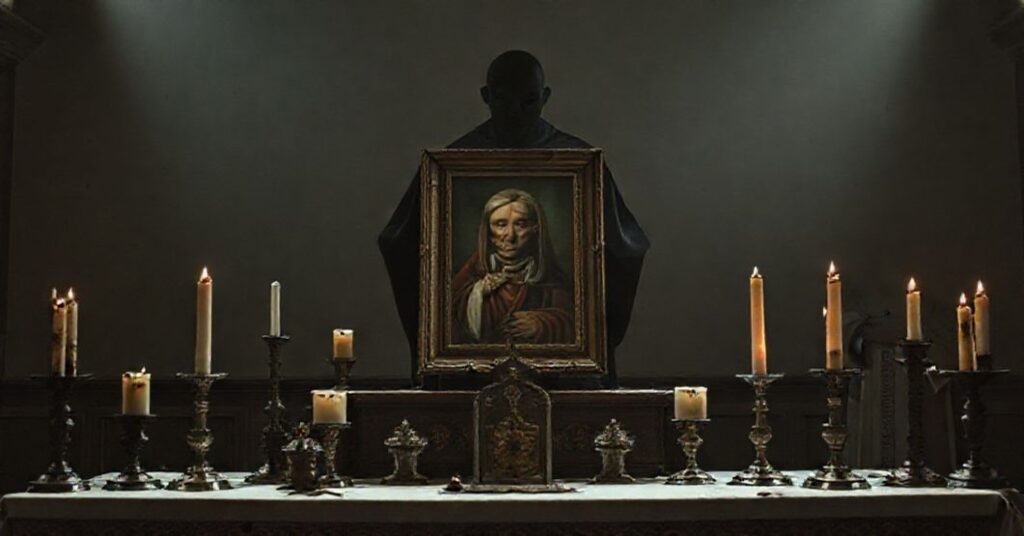 Obraz przedstawiający farsowy ołtarz z portretem rzekomego "świętego" otoczonego przez zniekształcone twarze Bartolo Longo i José Gregoria Hernández w przygaszonym świetle świec.