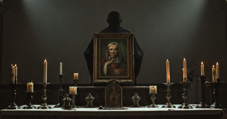 Obraz przedstawiający farsowy ołtarz z portretem rzekomego "świętego" otoczonego przez zniekształcone twarze Bartolo Longo i José Gregoria Hernández w przygaszonym świetle świec.