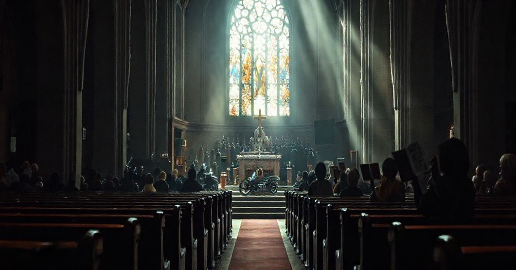 Wnętrze katolickiego kościoła profanowane przez ekumeniczne zebranie motocyklistów; pusty wnętrze z ołtarzem zdewastowanym przez świeckie elementy.